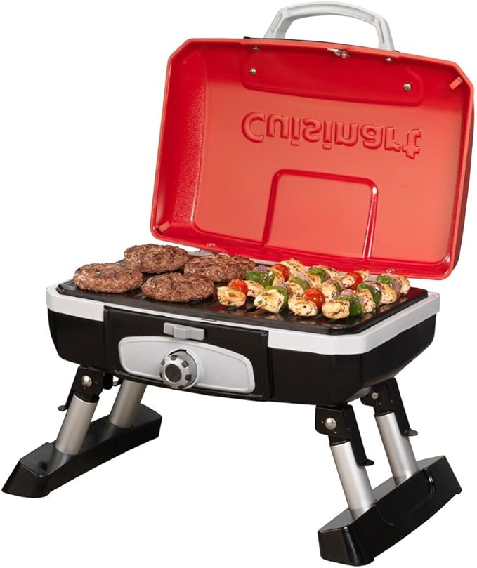 Cuisinart Petite Gourmet Portable Gas Grill, Compact Portable Grill Propane, 150 Sq. In. Cooking Surface, 5,500 BTU Burner Small Gas Grills for Camping, BBQ, Folding Legs and Carry Handles, Red