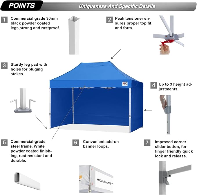 ABCCANOPY Easy Pop Up Canopy Tent with Sidewalls 10x15 Commercial -Series,Royal Blue