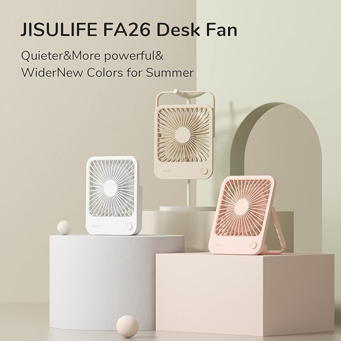 JISULIFE Small Desk Fan Battery Operated, 180° Foldable Portable Fan, 4 Speeds Adjustable Ultra Quiet for Home Office Travel Outdoor-White