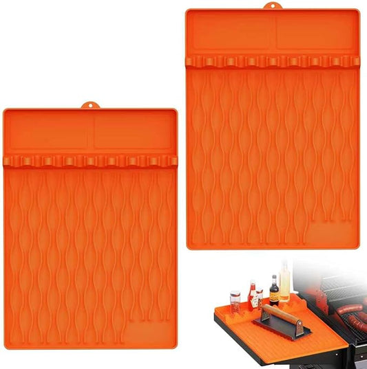 2-Pack Silicone Griddle Mat for Blackstone – Heat-Resistant Utensil Holder with Drip Tray, Non-Slip BBQ Tool Organizer for Grill, Kitchen Countertop & Outdoor Cooking Accessories(Orange)
