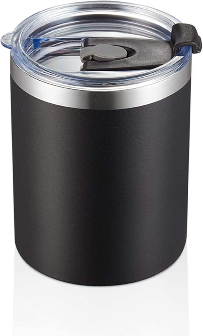MEWAY 12 oz Lowball, Tumbler Stainless Steel Double Wall Vacuum Insulated Mug with Straw and Lid, Cleaning Brush ，Durable Powder Coated Insulated Coffee Cup for Cold & Hot Drinks (Black, 1 Pack)