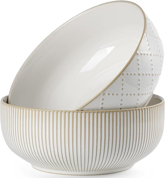 getstar Large Serving Bowls (8 inch & 60 fl oz), Ceramic Salad Bowl Set of 2, Microwave and Dishwasher Safe, Farmhouse Kitchen Decorative Bowls Set (Embossed Checks & Stars)