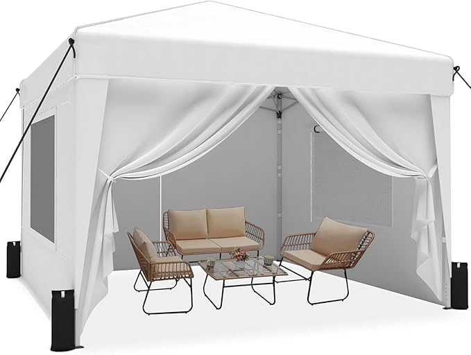 SANWAY 10x10 Pop Up Canopy Tent with Sidewalls x 4 – Easy Setup Canopy Tent, Waterproof, UV-Resistant, Portable with Carry Bag for Outdoor Events, Camping, and Backyard Parties – Silver White