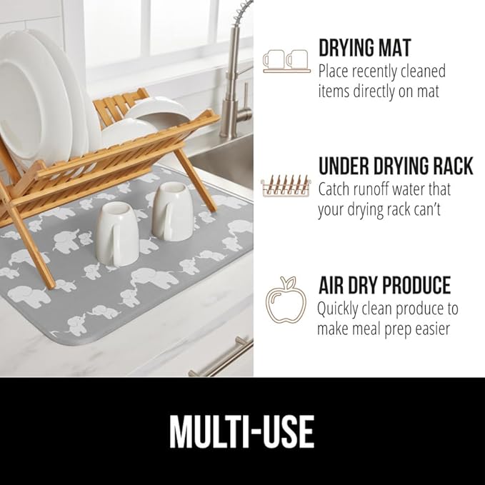 GORILLA GRIP Ultra Water Absorbent Microfiber Dish Drying Mat, Quick Dry Thick Mesh, Slip Resistant Pad for Sink Dishes or Under Rack, Kitchen Counter Accessories, 16x18, Machine Wash Mats, Elephants