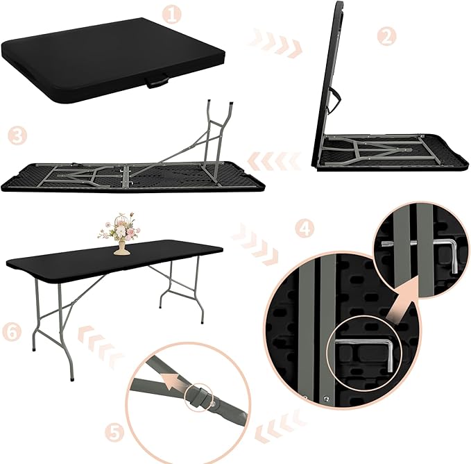 Set of 2 Folding Table 8 FT Camping Table Portable Heavy Duty Plastic Rectangular Outdoor Dining Table Steel Legs Fold-in-Half with Carrying Handle for Indoor,Picnic,Party,Wedding,Events(Black)