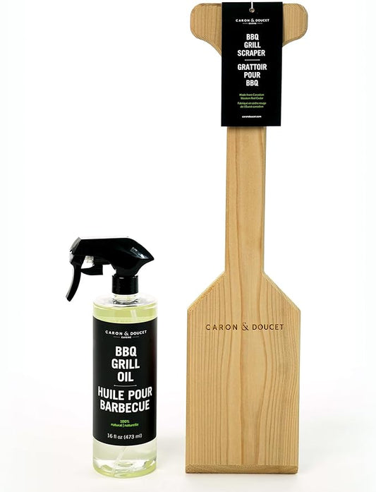 CARON & DOUCET BBQ Grill Cleaner Oil (16oz) & Natural Red Cedar Wood BBQ Grill Scraper Bundle – Wire Bristle Free, Safe Tool for Gas & Charcoal Grates
