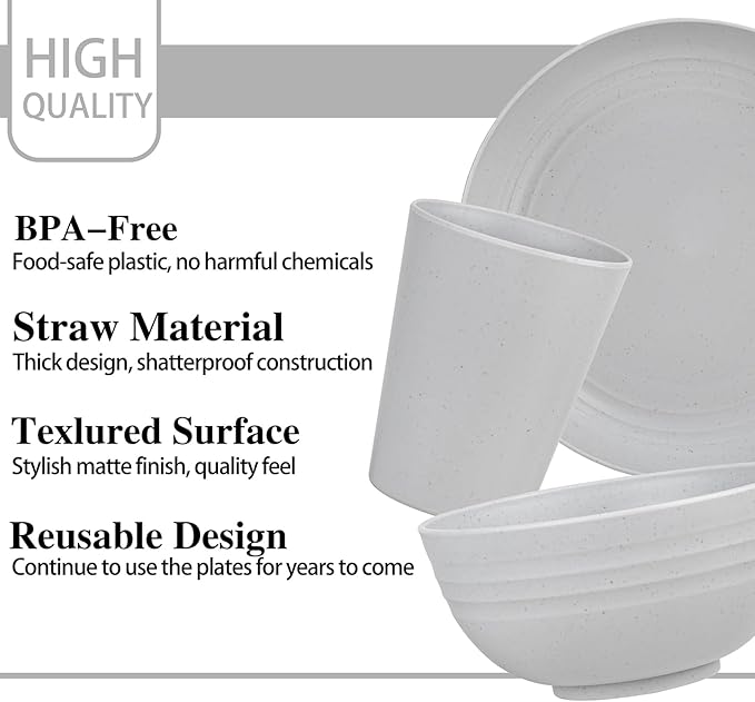 Supernal 16pcs Light Grey Plates and Bowls Dinnerware Set, Unbreakable Reusable Plate,Reusable Plastic Plate Set for 4, Include Dinner Platos, Dessert Platos, Cereal Bowls, Cups for Kitchen & Camping