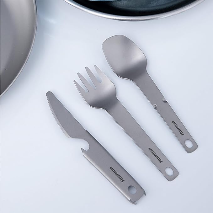 Titanium Camping Plate Utensil Set of 4, Ultralight Titanium Plate Dish with Knife Fork Spoon, Portable Outdoor Camping Tableware Cutlery Cookware for Backpacking Hiking Travelling Picnic BBQ