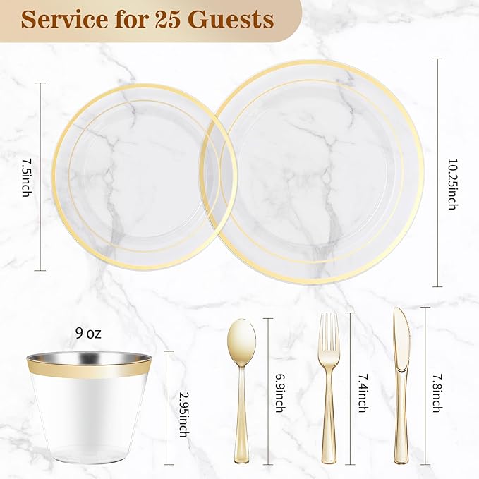 300PCS Plastic Dinnerware Set (50 Guests), Clear Gold Disposable Plates for Party, Wedding, Christmas, Anniversary, Includes: Dinner Plates, Dessert Plates, Cups, Spoons, Forks and Knives