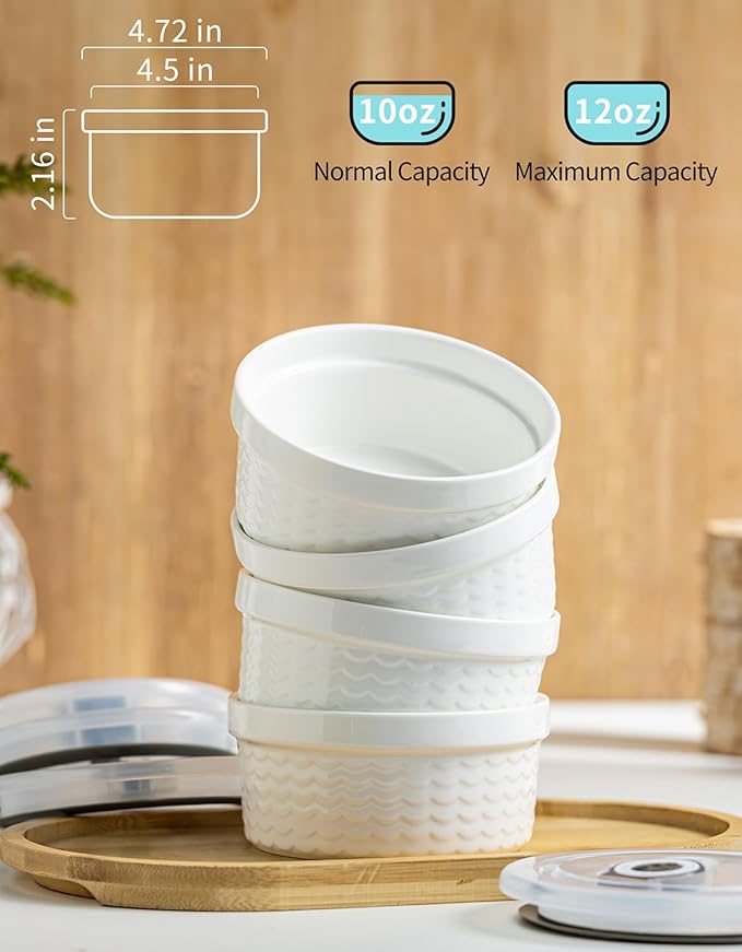 Ceramic Ramekins with Lids Oven Safe Set of 4, Baking Bowls for Dessert, Food Storage Bowls with Airtight Lids, Meal Prep Containers, Lunch Office Meal for Microwave and Freezer, White Ripple
