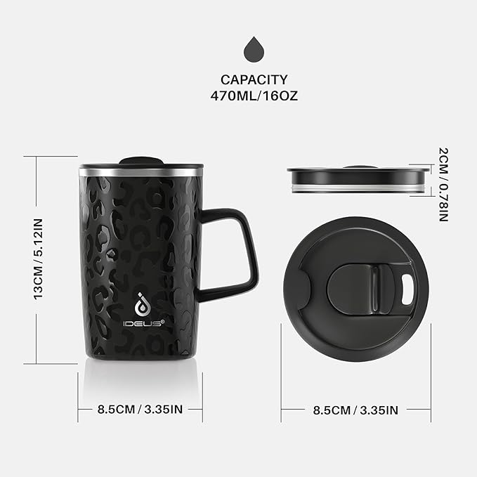 Ideus Vacuum Insulated Coffee Mug, 16oz Reusable Stainless Steel Thermal Double Walled cup with Handle and Slider Lid for Hot & Cold Beverages, BPA Free (Leapord Black)