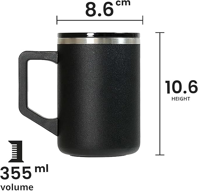 Elemental Insulated Coffee Mug - Triple-Wall Stainless Steel Summit Travel Cup for Hot and Cold Drinks - Thermal Coffee Mug with Lid and Handle for Camping, Office & Travel 12oz - Black