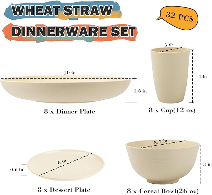 Wheat Straw Dinnerware Sets for 8, 32 PCS Unbreakable Plates and Bowls Sets, Kitchen Dish Set - Dinner Plate/Dessert Plate/Cereal Bowl/Cup, for Outdoor Camping RV Apartment Essentials - Beige