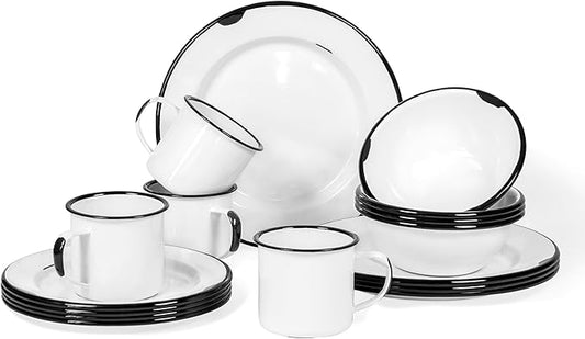 Red Co. 16-Piece Enamelware Metal Dinnerware Set for 4, Distressed White/Black Rim