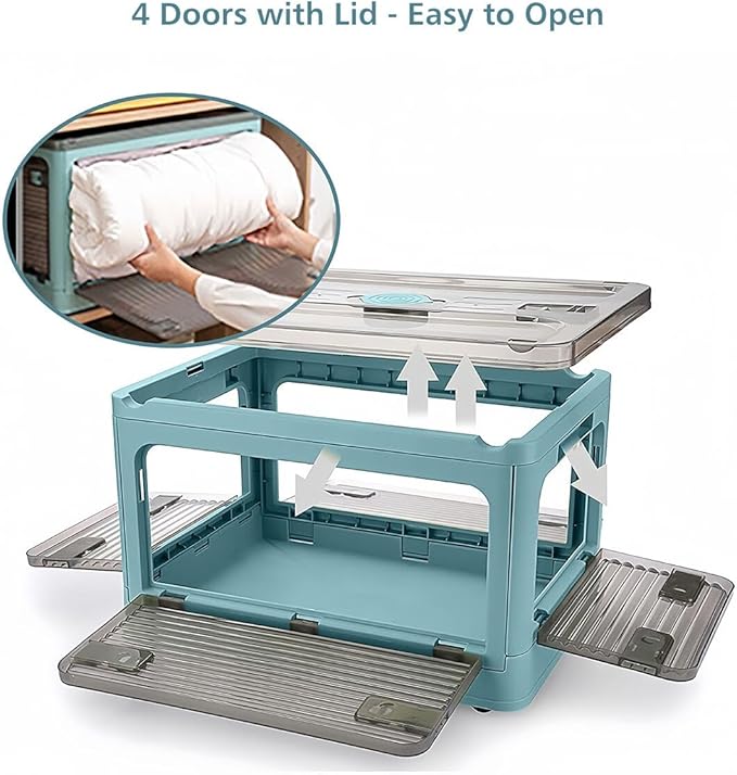 2 Pack Plastic 4 Doors Collapsible Storage Bins with Lid & Wheels, 50 Liters Folding Storage Bins, Stackable Multifunctional Box for Camping Clothes Snack Storage