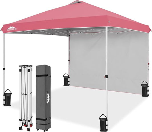 EAGLE PEAK Pop Up Canopy Tent with 1 Sidewall, Easy Setup Event Tent, Outdoor Sun Shade, Wheeled Carry Bag, Stakes and Guy Ropes, Instant Canopy 10x10, Peach Pink