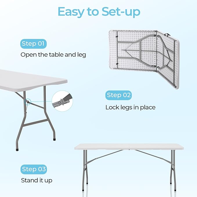 6ft Folding Table, Outdoor Foldable Table with HDPE Tabletop, Safety Locks, Easy to Carry and Store, No-Assembly Camping Table for Dining, Picnic, White
