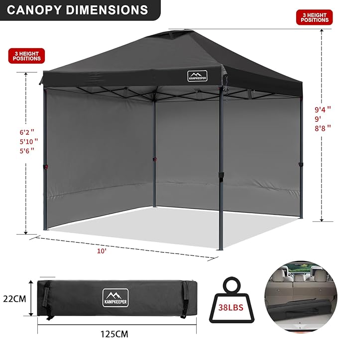 KAMPKEEPER 10x10 Pop Up Canopy Tent with 2 Sidewalls, Beach Tent - Easy Outdoor Sun Shade for Events, Parties, Camping - Gazebo with 4 Weight Bags & Carry Bag. (Black)