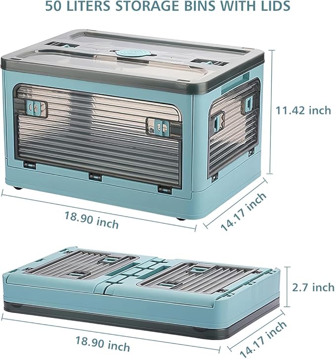 2 Pack Plastic 4 Doors Collapsible Storage Bins with Lid & Wheels, 50 Liters Folding Storage Bins, Stackable Multifunctional Box for Camping Clothes Snack Storage