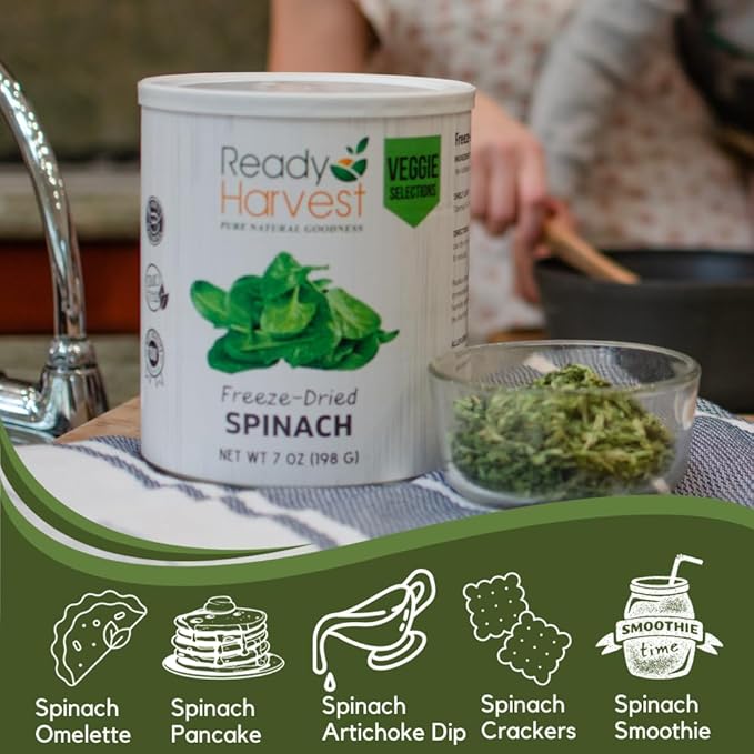 Ready Harvest Freeze Dried Food - Spinach | Emergency Vegetables | Camping Essentials | #10 Can | 25-Year Shelf Life | Cans Filled to the Top
