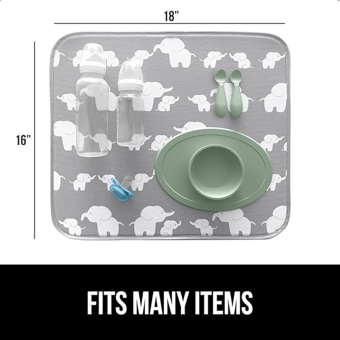 GORILLA GRIP Ultra Water Absorbent Microfiber Dish Drying Mat, Quick Dry Thick Mesh, Slip Resistant Pad for Sink Dishes or Under Rack, Kitchen Counter Accessories, 16x18, Machine Wash Mats, Elephants