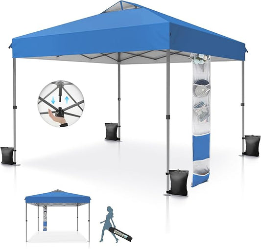 MFSTUDIO Pop Up Canopy Tent, 10x10 Outdoor Canopies One Push Setup Instant Portable Shelter Tens with Vented Top, Storage, 4 Sandbags, Beach Canopy,Blue
