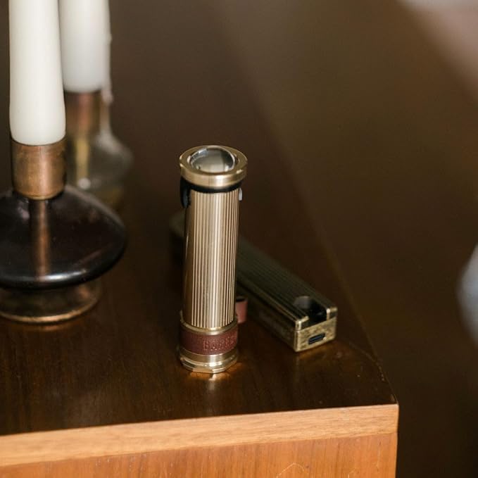 Barebones Mini Flashlight - Brass, Vintage-Style Rechargeable Flashlight with Adjustable Brightness, Magnetic Base, and Candle Flicker Mode – Compact Travel and Camping Light