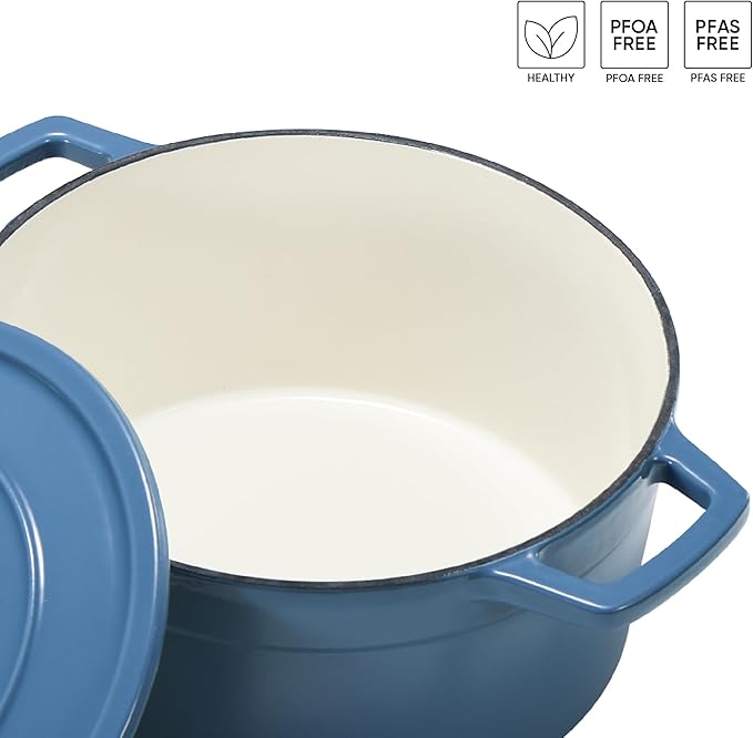 CAROTE Cast Iron Dutch Oven Pot with Lid, Enameled Dutch Oven for Sourdough Bread Baking, Dual Handles, Heavy-Duty Cast Iron Pot, 5QT, Blue