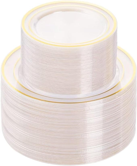200PCS Clear Gold Plastic Plate, Disposable Party Plates with 100 Dinner and 100 Dessert Plates, Plastic Plate for Party, Wedding and Birthday