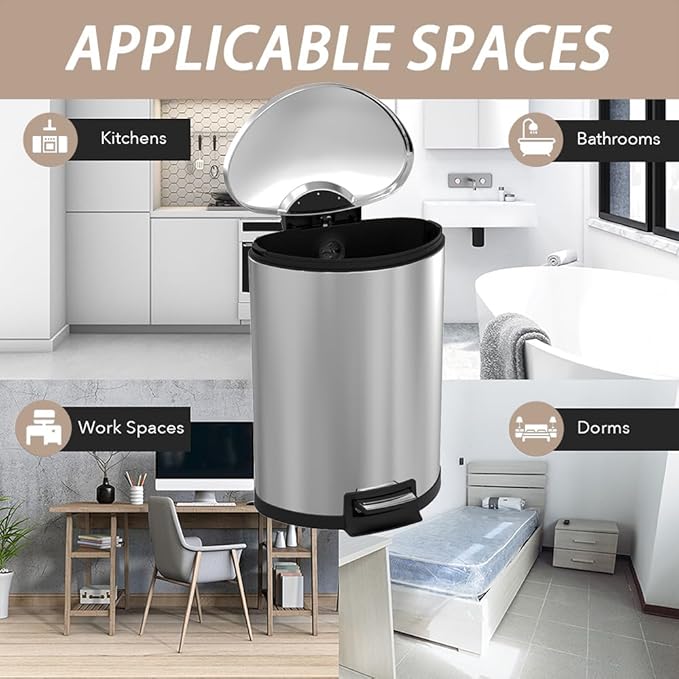Trash Can with Lid - Assembled in USA 55 Liter/14.5 Gallon Stainless Steel Trash Can with Odor Protection Kitchen Garbage cans with Soft-Close Foot Pedal for Bathroom Home Office