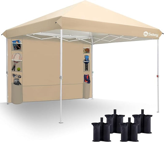 Sekey 10x10 Pop Up Canopy with Pockets Sidewall, One Push Setup Instant Outdoor Gazebo, Instant Easy Up Canopy with UPF50+ Top, 4 Weight Bags for Events, Beach, Patio, Camping