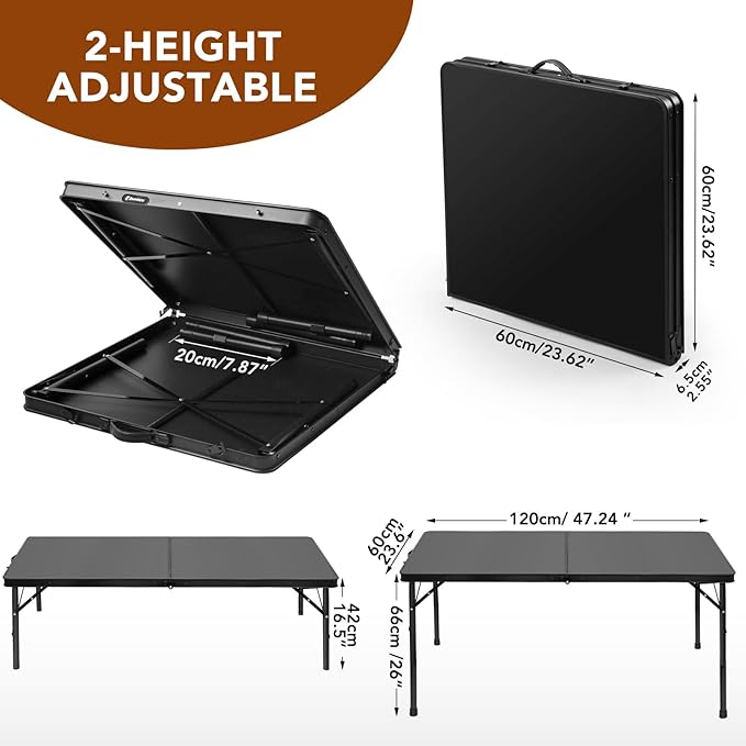 4FT Folding Table, Compact and Portable Camping Table, Adjustable Height Metal Foldable Table for Outdoor Picnic, Garden, Patio, Dining, BBQ, Party, Market (Large, Black), 47.2" x 23.6"