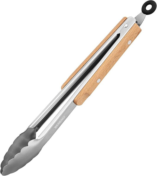 Beneno Tongs for Cooking, Food-Grade Stainless Steel Kitchen Tongs 12-Inch with Ergonomic Heat-Insulating Wooden Grip & Non-Slip Scalloped Tips, Sturdy Locking Metal Tong for Cooking, Grill
