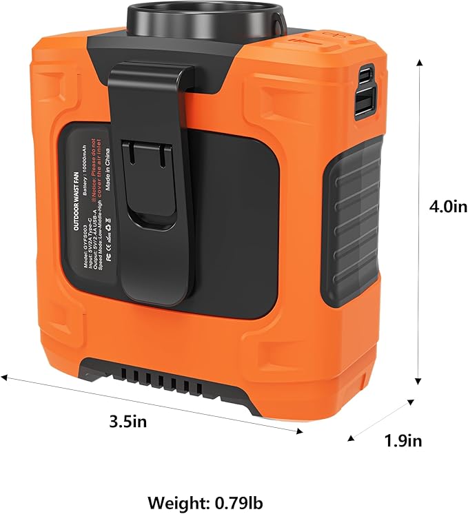 AMKEN Waist Fan - 3-Speed Clip-On Belt Fan, 16000RPM Strong Airflow, 24H Rechargeable Battery (10000mAh), LED SOS & Red-blue Light - Portable Cooling for Jobsite, Camping, Fishing, Outdoor