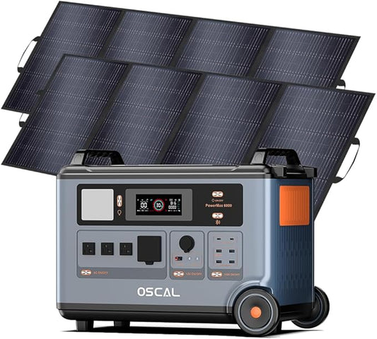 OSCAL PowerMax 6000 Solar Generator, 6000W Power Station (7200W Peak) with 2×200W Solar Panels, Dual 120V/240V Output, 2200W AC & 2400W Solar Fast Charging, Home Emergency Battery Backup