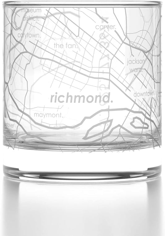 Well Told Engraved Richmond Virginia Map Rocks Glass, Old Fashioned Whiskey Glass (11 oz, Clear) Etched Whiskey Glass, Gifts For Whiskey Lovers