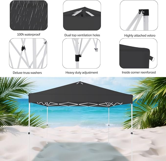 10x10 Pop Up Canopy Tent – One-Person Setup, Waterproof & UV-Blocking, Heavy-Duty Steel Frame, Wheeled Bag & Sandbags – Outdoor Shade for Beach, Camping, Backyard, Tailgate, Events (Black)