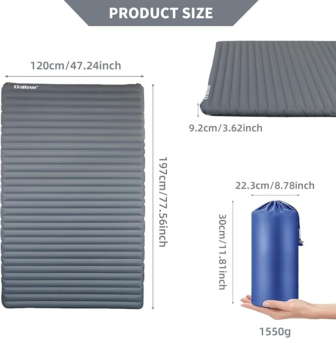 Inflatable Sleeping Pad for Camping, 2 Person Ultralight Double Sleeping Pad with R-Value 7.7, Waterproof & Durable 40D Nylon Camping Mat for Backpacking & Cold Weather, 78"x47.2", 3.62" Thickness