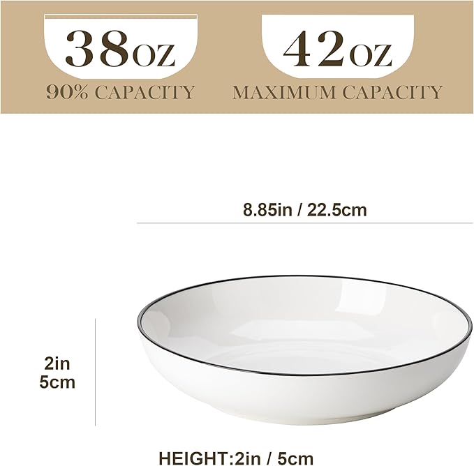 MALACASA 8.85" Large Pasta Bowls, 42 OZ White Salad Bowls Soup Bowls, Porcelain Serving Bowls Set of 4, Ivory White & Black Rim, Microwave & Dishwasher Safe, Series REGULAR