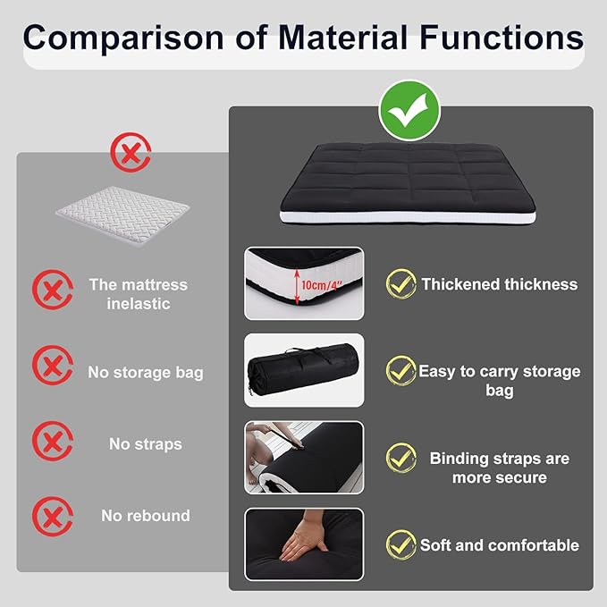 Tiita Floor Mattress Memory Foam Mattress Topper, 4" Thicken Futon Mattress with Storage Bag and 2 Straps, Portable Roll Up Travel Car Camping Mattress Sleeping Pad Full Size, Black