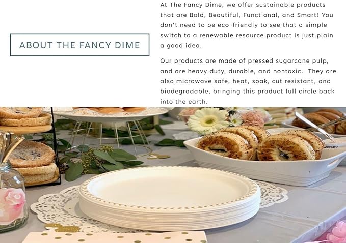Disposable Plate: Heavy Duty Elegant Eco Friendly Compostable Paper Plates (50 Count), Tree Free Sugarcane Bagasse Plate with Color Party Plate (7 inch Gold Dessert/Appetizer Plate)