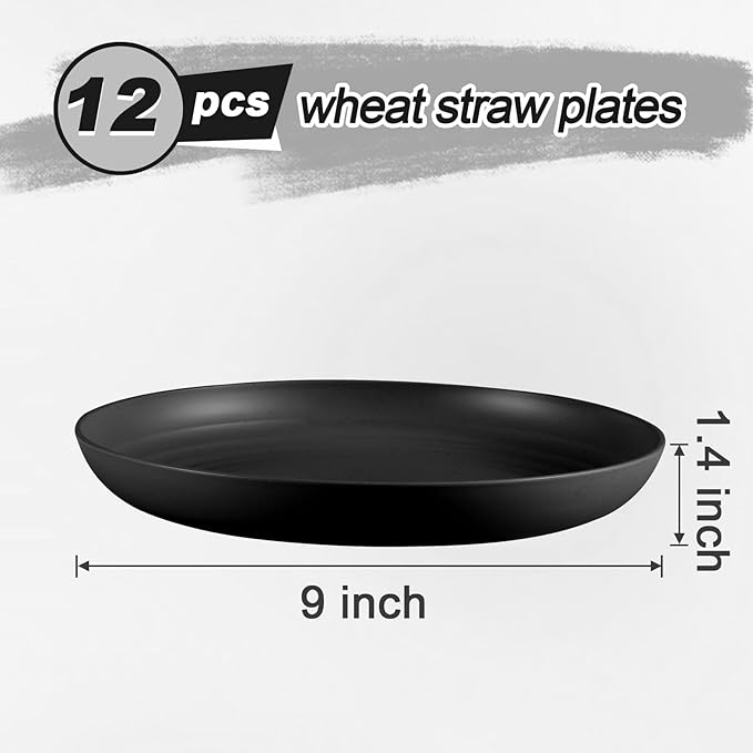 12 Pcs Unbreakable Deep Dinner Plates Set, 9 inch Reusable Plastic Wheat Straw Plates, Microwave and Dishwasher Safe Plate for Kitchen, Lightweight Plate for Dessert, BPA Free, 6 Colors