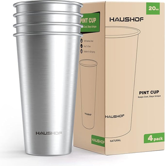 HAUSHOF Pint Cup, 20 oz Stainless Steel Cups, Stackable Metal Drinking Cups, Stacking Beer Pint Cups for Home, Party, Camping, Outdoor, Unbreakable, 4 Pack
