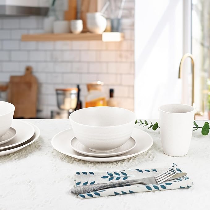 40 Pieces Wheat Straw Dinnerware Sets for 8, Dinner Plates, Cereal Bowls and Drinking Cups, Unbreakable and Reusable Plastic Dinnerware Sets (White)