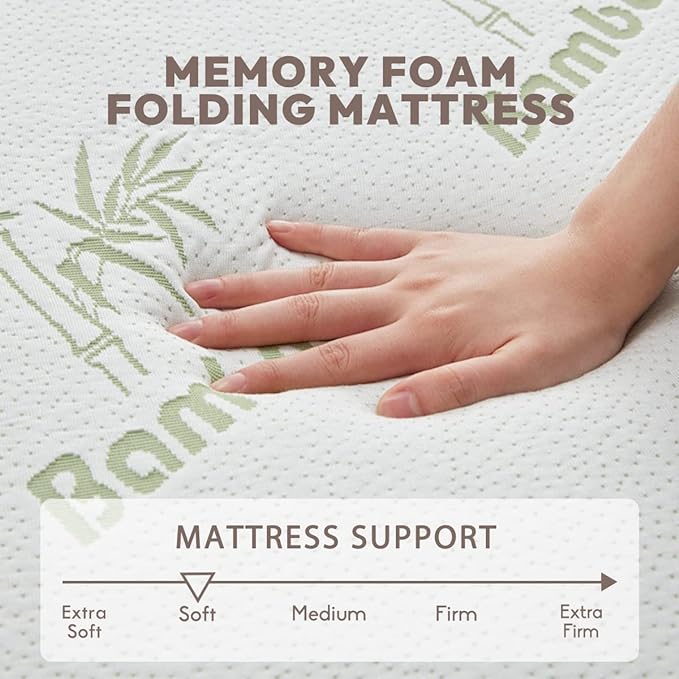 SINWEEK Memory Foam Folding Mattress, 4 Inch Foldable Trifold Mattress Topper, CertiPUR-US Certified Guest Bed with Cooling Cover & Waterproof Lining