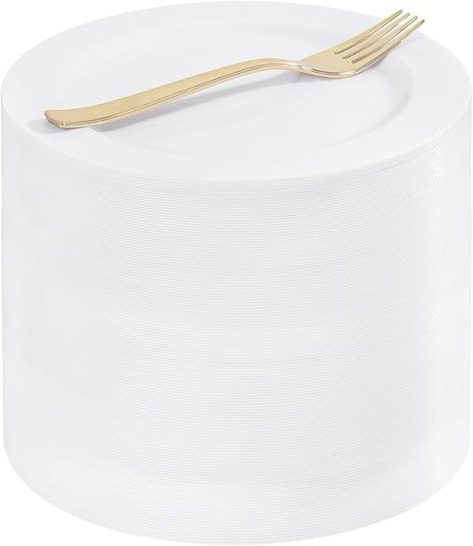 WELLIFE 100PCS White Plastic Dessert Plates and 100PCS Gold Disposable Forks, Premium Hard Dessert Plate 7.5”, Appetizer Plastic Plates for Party and Wedding