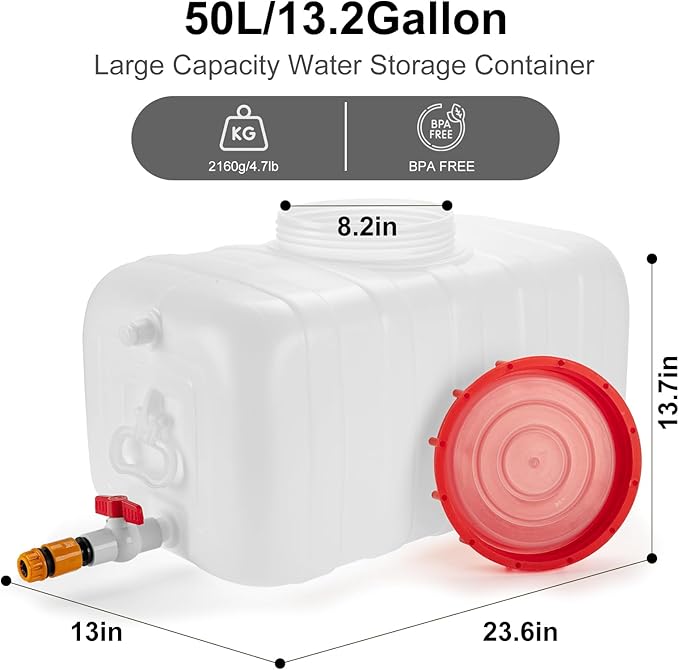 13.2 Gallon Water Tank with Faucet, Water Storage Container for Camping, Portable First Aid Water Storage for Outdoor Hiking, RV, Autonomous Driving Tour, 23.6 x 13 x 13.7in