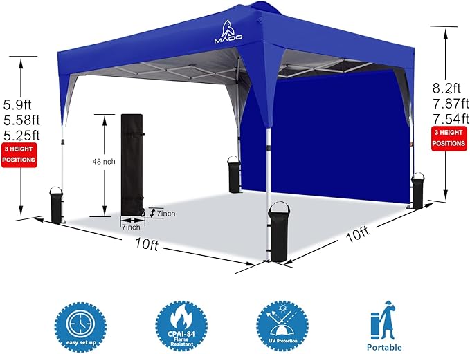 MAOO 10x10 Pop Up Canopy Tent with Sidewall - UPF 50+ Waterproof Commercial Instant Gazebo - Easy Setup for Parties, Beach, Camping - Wheel Bag, 4 Sand Bags, 8 Stakes & 4 Ropes - Blue