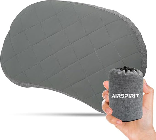 AIRSPIRIT Ultralight Camping Pillow Inflatable with Removable Washable Cover, Compact Travel Pillow for Neck Support, Hiking, Backpacking, Office, Airplane, Car & Beach - Adjustable Firmness(Grey)