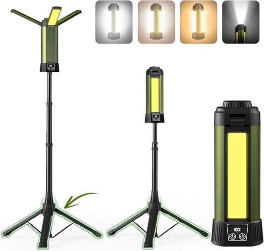 Rechargeable Camping Light with Stand - 54" Tall Cordless Work Light Portable USB Tripod Lights 2000 Lumen 3 Page Head with Carrying Bag for Outdoor Hiking Workshop Job Site(Green-B)